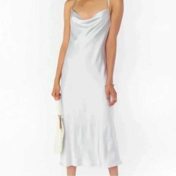 NWT Show Me Your Mumu Veronica Cowl Dress Silver Lux Satin Size Medium - Picture 3 of 6